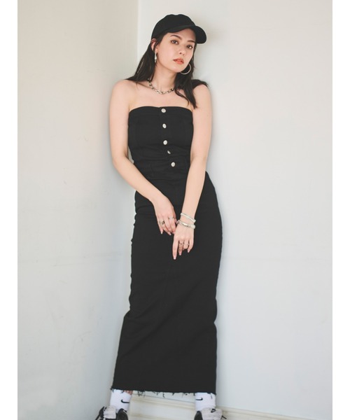 デニムワンピース ベアトップ ロングタイトスリット韓国系 g3189 ワンピース ベアトップデニムワンピース : ZOZOTOWN Yahoo!店