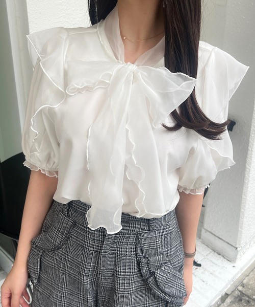 JUNOAH（ジュノア） ブラウス シャツ シアーフリルリボンブラウス