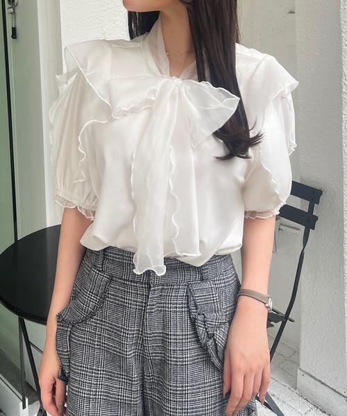 JUNOAH（ジュノア） ブラウス シャツ シアーフリルリボンブラウス