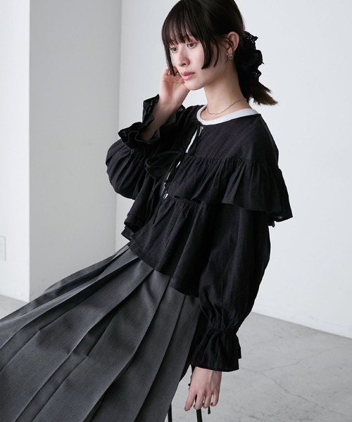 フラフィー フリルトップス　ブラック ZARA フリルブラウス ブラック M 綿100% トップス 黒 - メルカリ