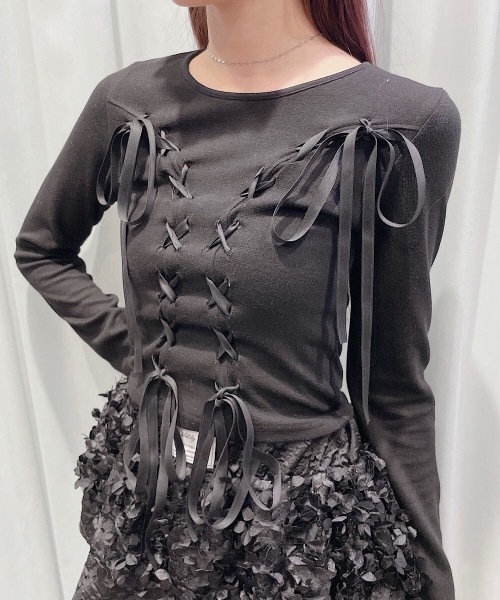 lilLilly リルリリー レースアップバレエコアリボントップス lilLilly tシャツ レースアップバレエコアリボントップス