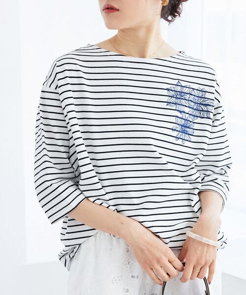 tシャツ ボーダーモチーフ刺繍カットソー レディース