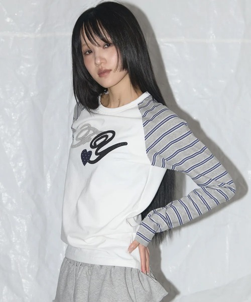 tシャツ A'GEM/9 × .kom 「 FANCY CLUB/ファンシークラブ」 FY PATCH STRIPE REGLAN TEE/FYパッチ
