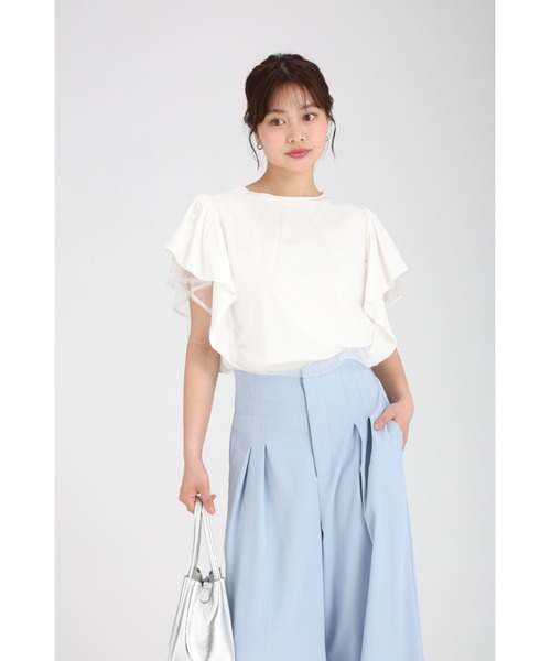 チュールフリルロングTシャツ moment+ tシャツ フリルチュールドッキングロンT レディース