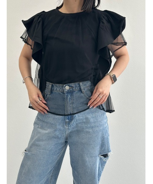 tシャツ 着回し力抜群なチュールフリル袖Tシャツ レディース 楽天市場】着回し力抜群なチュールフリル袖Tシャツ 半袖