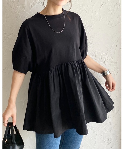 She's Closet tシャツ パフスリーブ半袖切替ボリュームフレアペプラム
