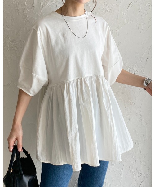 総刺し子　フリルスリーブ　半袖tシャツ　ペプラムトップス She's Closet tシャツ 半袖 パフスリーブ半袖切替ボリュームフレア