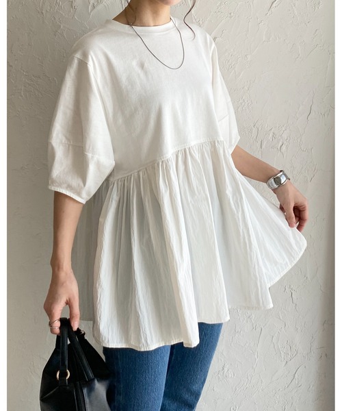 チェスティ 22SS ブラウス トップス プルオーバー 半袖 M 1 白 タグ付 She's Closet tシャツ パフスリーブ半袖切替ボリュームフレアペプラム