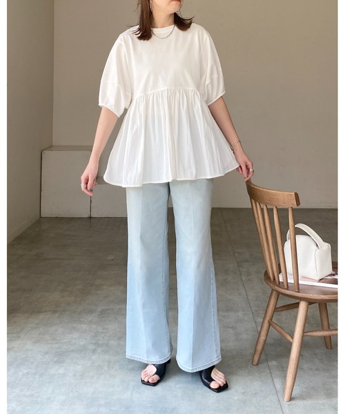 She's Closet tシャツ パフスリーブ半袖切替ボリュームフレアペプラム