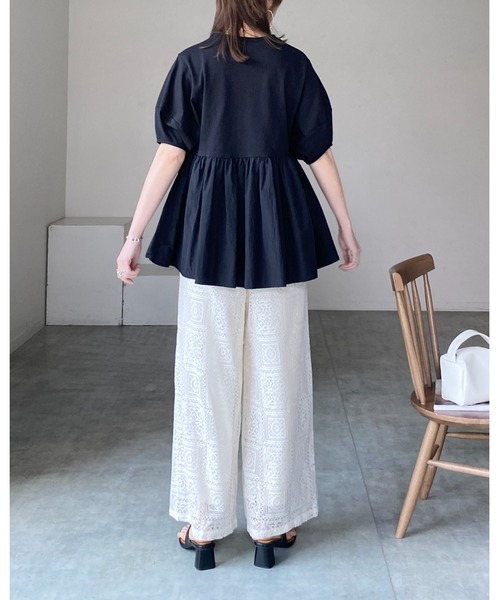 She's Closet tシャツ パフスリーブ半袖切替ボリュームフレアペプラム
