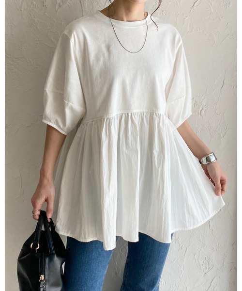 She's Closet tシャツ パフスリーブ半袖切替ボリュームフレア