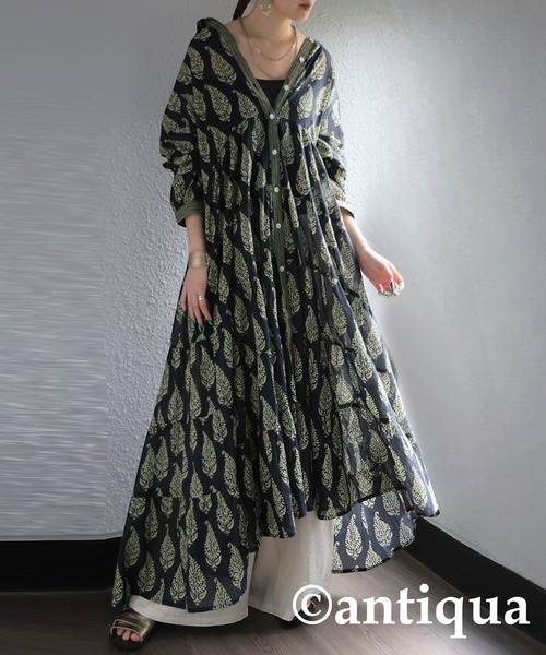 【antiqua】ボタニカル柄シャツワンピース　インド綿 antiqua シャツワンピース ボタニカル柄シャツワンピース