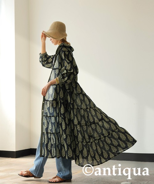【antiqua】ボタニカル柄シャツワンピース　インド綿 antiqua シャツワンピース ボタニカル柄シャツワンピース