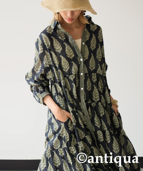 【antiqua】ボタニカル柄シャツワンピース インド綿 antiqua シャツワンピース ボタニカル柄シャツワンピース