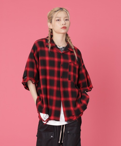 ブラウス シャツ DankeSchon/ダンケシェーン/OMBRE CHECK DAMEGE S/S SHIRTS レディース メンズ