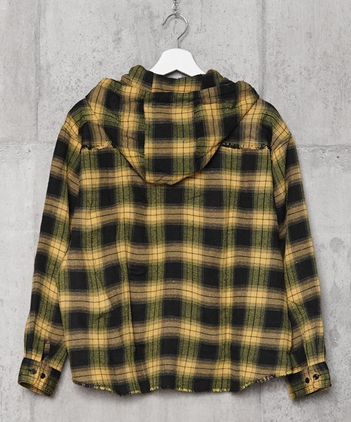 シャツ フリンジ チェックシャツパーカー / Fringe Check Shirt Hoodie