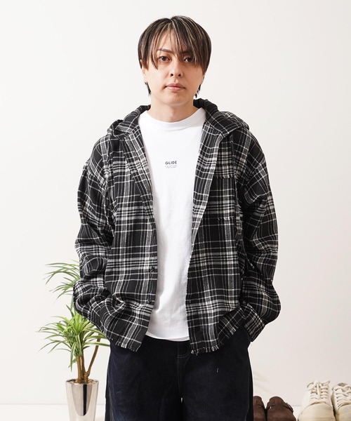 シャツ フリンジ チェックシャツパーカー / Fringe Check Shirt Hoodie