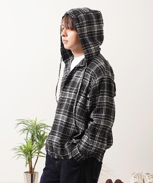シャツ フリンジ チェックシャツパーカー / Fringe Check Shirt Hoodie