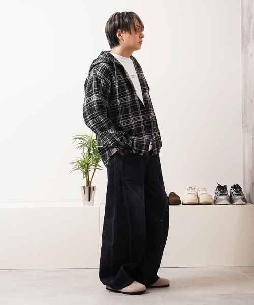 シャツ フリンジ チェックシャツパーカー / Fringe Check Shirt Hoodie