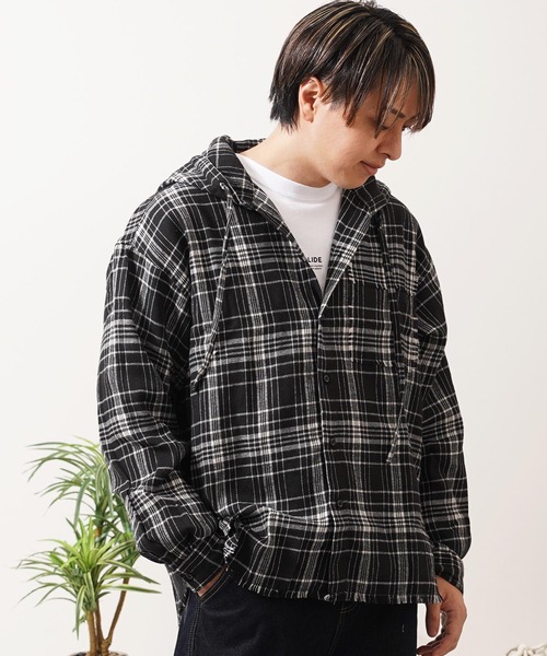シャツ フリンジ チェックシャツパーカー / Fringe Check Shirt Hoodie