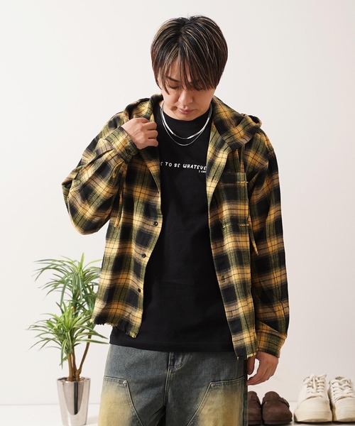シャツ フリンジ チェックシャツパーカー / Fringe Check Shirt Hoodie