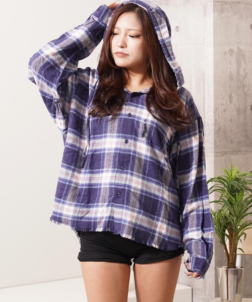 シャツ フリンジ チェックシャツパーカー / Fringe Check Shirt Hoodie