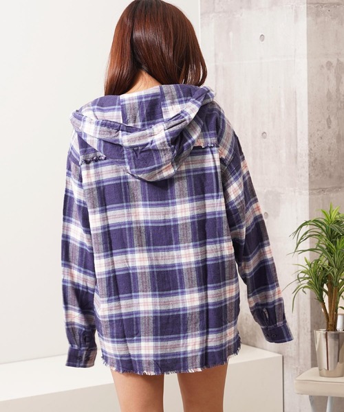 シャツ フリンジ チェックシャツパーカー / Fringe Check Shirt Hoodie