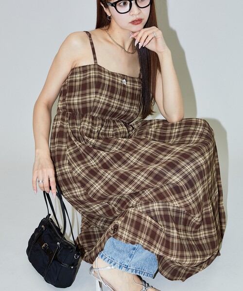 「PUBLUX」 キャミソールワンピース フリ- ブラウン レディース_画像3