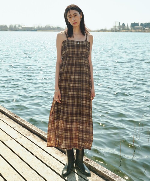 「PUBLUX」 キャミソールワンピース フリ- ブラウン レディース_画像9