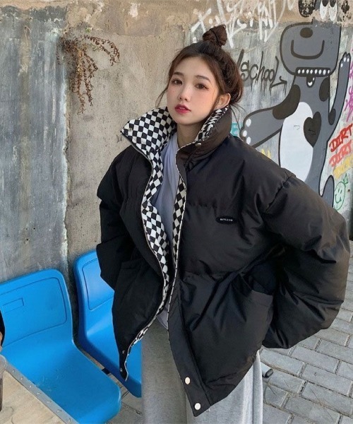 ダウンコート ダウンジャケット チェック柄切り替え エコダウン