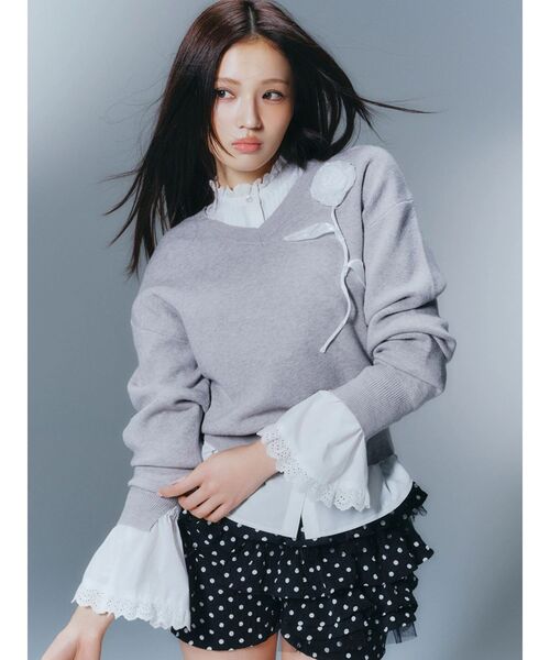 【美品】カルナムール　オーガンコサージュＶネックニット　イエロー CALNAMUR（カルナムール） ニット セーター オーガンコサージュVネック