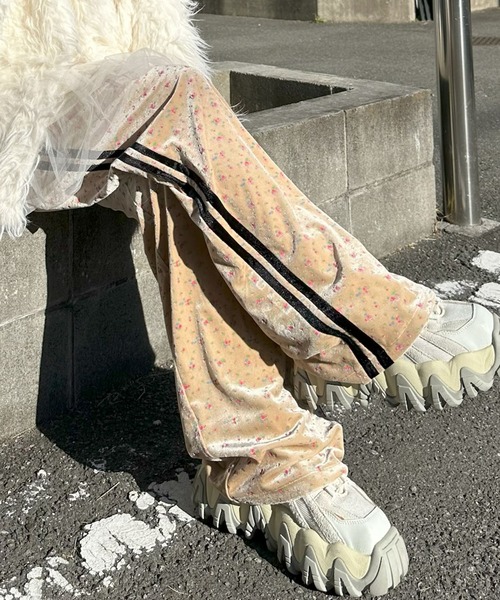 パンツ KANAYA Alley Tokyo パンツ 花柄ベロアライン入りイージーパンツ レディース