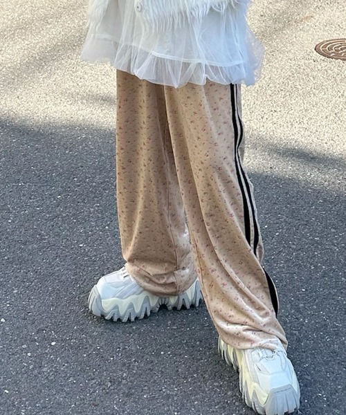 Alley Tokyo パンツ 花柄ベロアライン入りイージーパンツ レディース