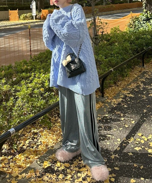 パンツ corocoro Alley Tokyo パンツ 花柄ベロアライン入りイージーパンツ レディース