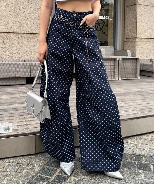 ワイドパンツ ジーンズ デニム デニムパンツ ドット柄バレルレッグパンツ レディースの画像