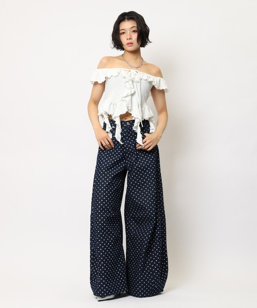 ワイドパンツ ジーンズ デニム デニムパンツ ドット柄バレルレッグパンツ レディースの画像
