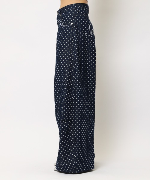 ワイドパンツ ジーンズ デニム デニムパンツ ドット柄バレルレッグパンツ レディースの画像