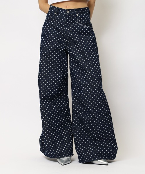 ワイドパンツ ジーンズ デニム デニムパンツ ドット柄バレルレッグパンツ レディースの画像