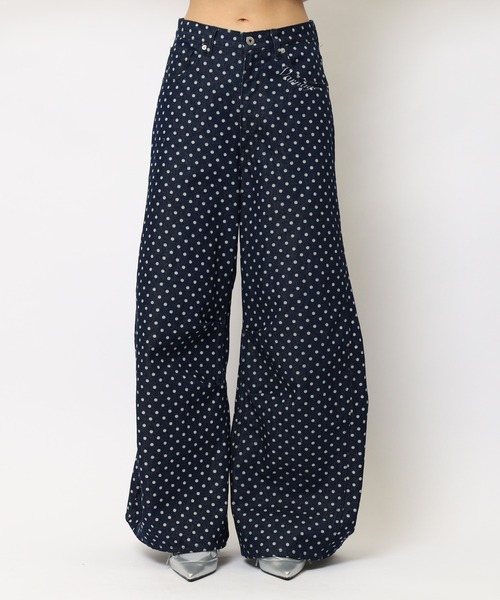 ワイドパンツ ジーンズ デニム デニムパンツ ドット柄バレルレッグパンツ レディースの画像