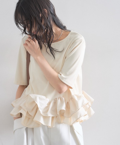 ⭐︎もも2点⭐︎ 裾フリルリブカットプルオーバー BK NV &. NOSTALGIA（ノスタルジア） tシャツ 裾フリルリブカットプル