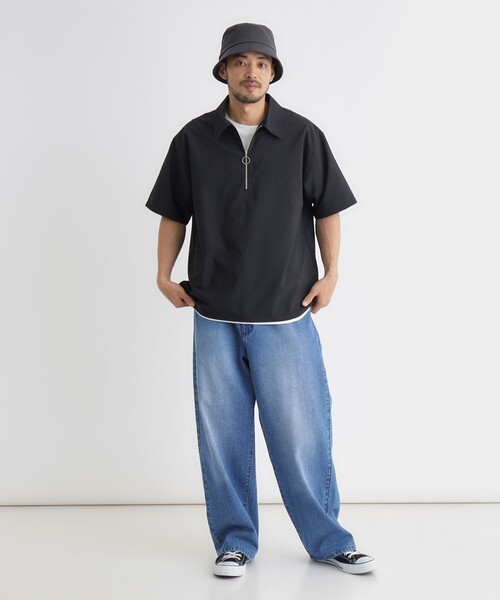 FOURBARS ヴィンテージ　黒 半袖プルオーバー　ハーフジップ　レザーシャツ BACK NUMBER シャツ 半袖 ハーフジッププルオーバー メンズ : ZOZOTOWN