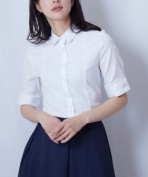 NARACAMICIE ブラウス シャツ ストレッチストライプ半袖シャツ