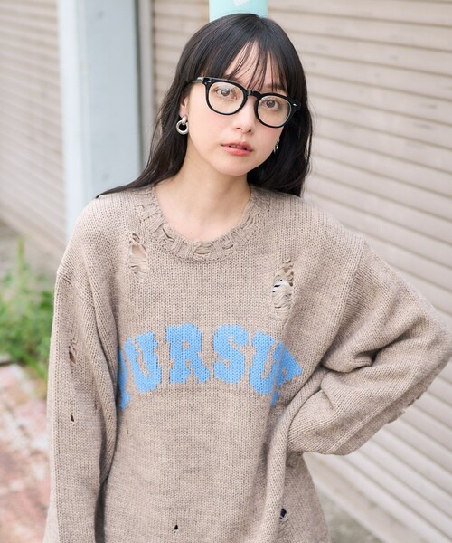 ニット セーター ロゴダメージニットフーディ レディース FREAK'S STORE ニット セーター ダメージ ロゴニット/プル
