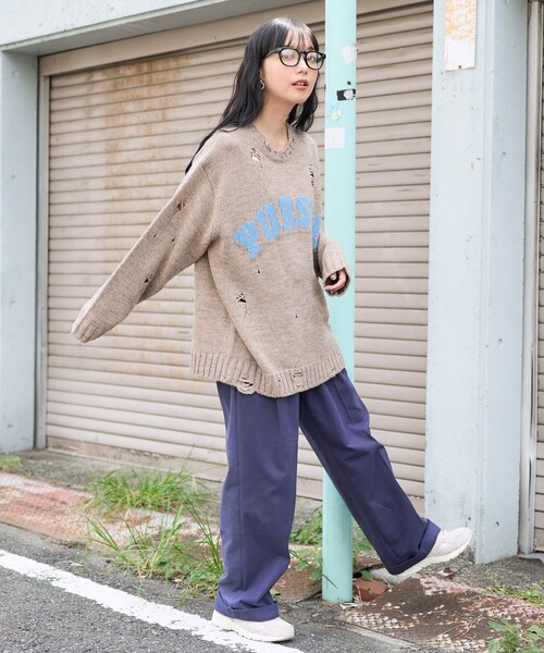 ニット セーター ロゴダメージニットフーディ レディース FREAK'S STORE ニット セーター ダメージ ロゴニット/プル