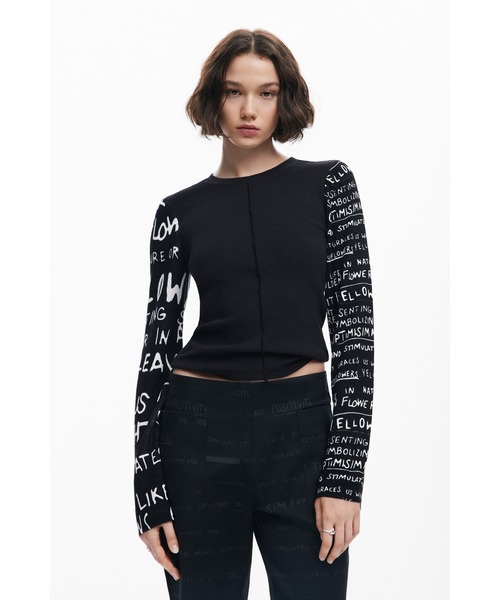 tシャツ REBE メッセージプリント クロップドトップス ブラック レディース