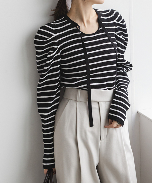 ノーブル チョーカーリブニットトップス 黒