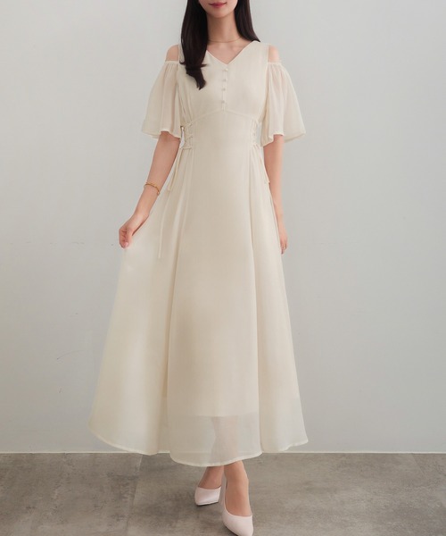 シアー Vネック ロングワンピース フォーマル r-1135 喪服・礼服】日本製生地使用 洗える防しわフロントレース