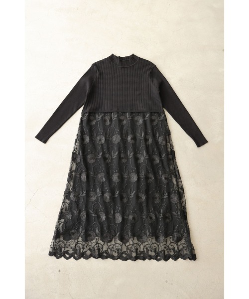 cawaii ワンピース （黒）切り替え刺繍ベールのニットミディアム 