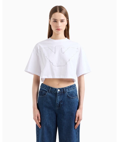 tシャツ 「エンポリオ アルマーニ」クロップドTシャツ ストレッチジャージー オーバーサイズ ラインストーンイーグル レディース