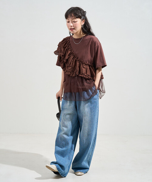 HILLDA ドット柄フリル付きTシャツ ドット柄フリル袖黒TシャツM 新品タグ付き！！ - メルカリ